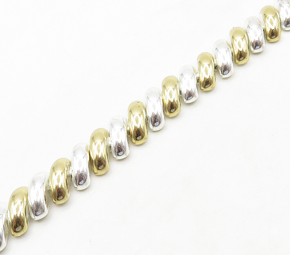 925 Sterling Silver  Shiny Polished Two Tone Dome Link Chain Bracelet  BT6115