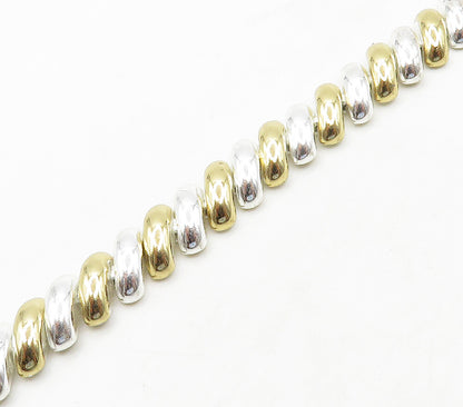 925 Sterling Silver  Shiny Polished Two Tone Dome Link Chain Bracelet  BT6115
