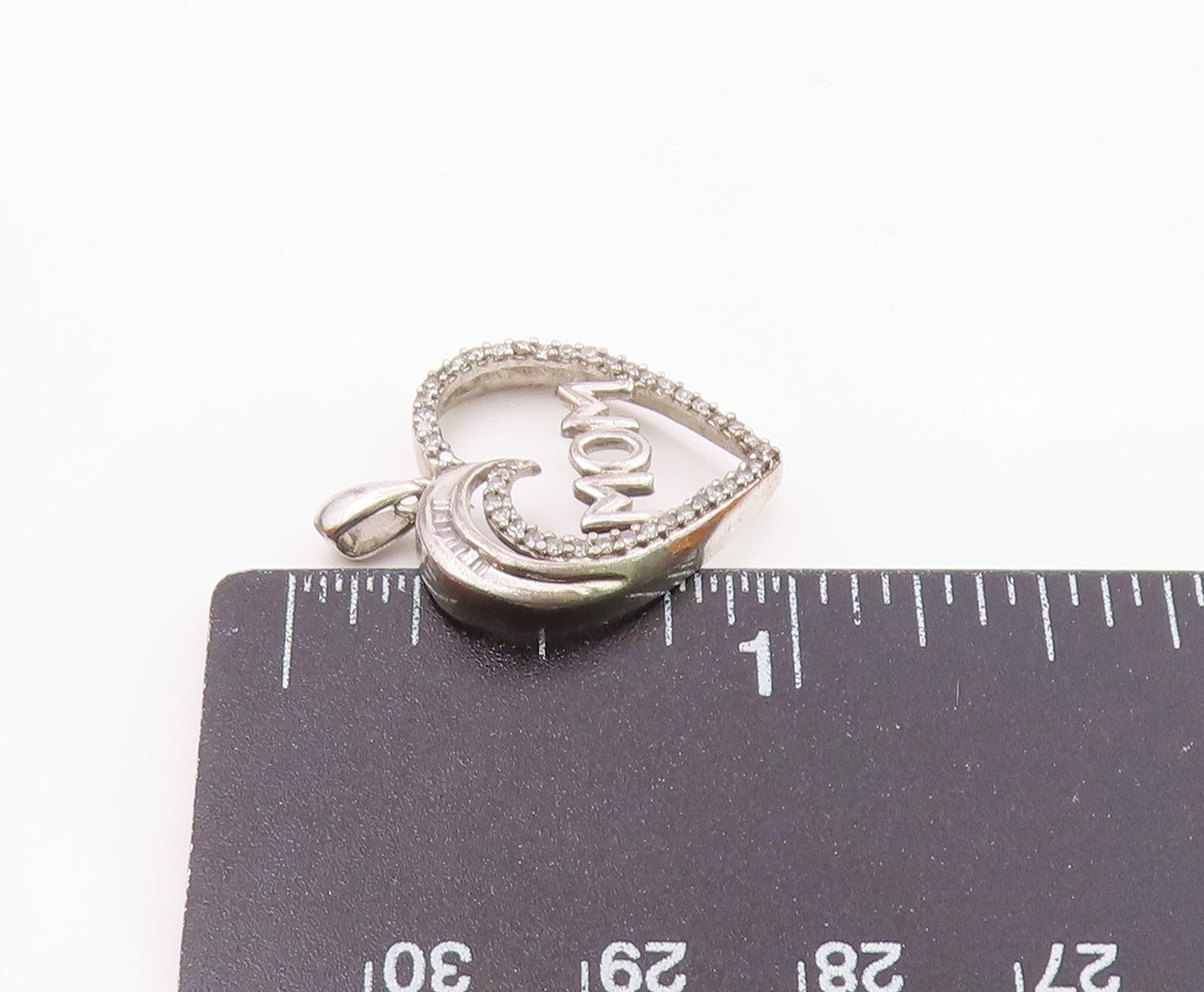 925 Sterling Silver  Vintage Genuine Diamonds Mom Love Heart Pendant  PT12946