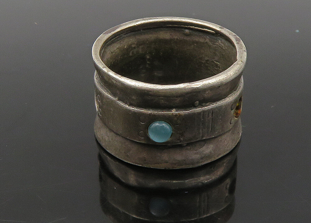ISRAEL 925 Silver   Vintage Blue Cat's Eye Stone Band Ring Sz 8.5  RG23021