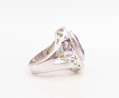 925 Sterling Silver Vintage Ring Oval Amethyst Halo CZ Frame  Sz 7  RG30975