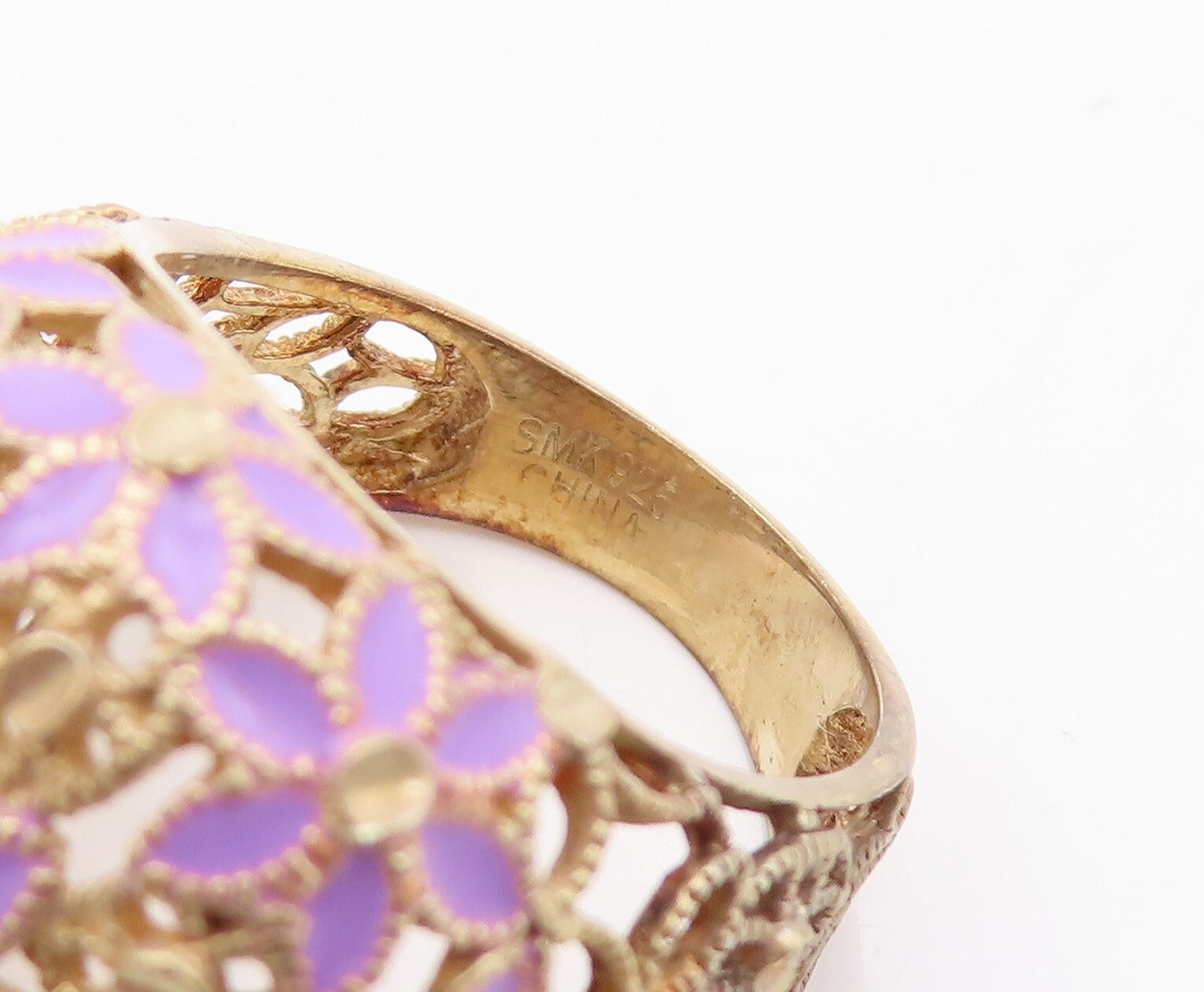 925 Sterling Silver Vintage Ring Purple Enameled Floral Cutout  Sz 7.5  RG29335