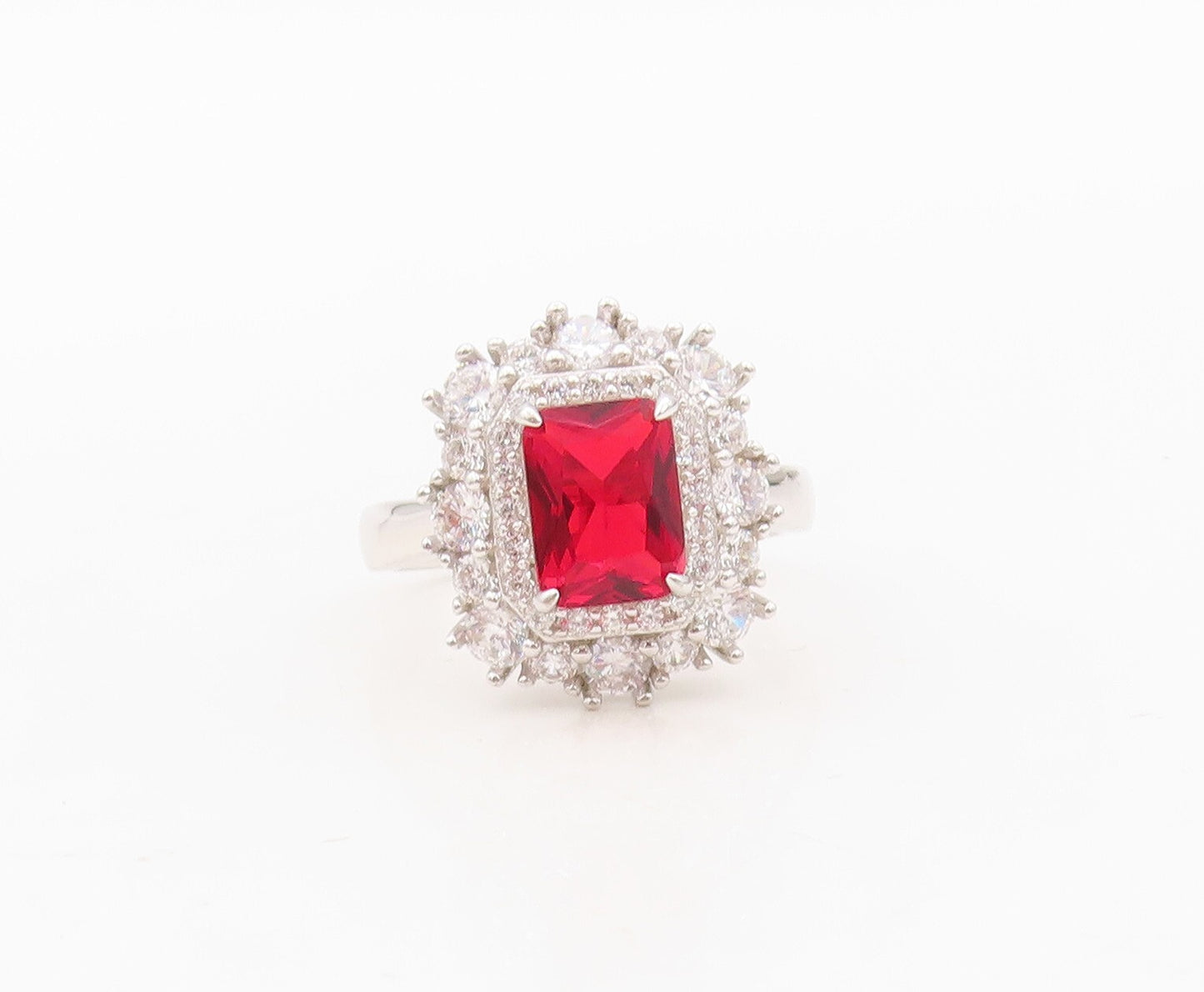 925 Sterling Silver Vintage Ring Rectangle Red Halo White CZ   Sz 7  RG30363