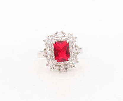 925 Sterling Silver Vintage Ring Rectangle Red Halo White CZ   Sz 7  RG30363