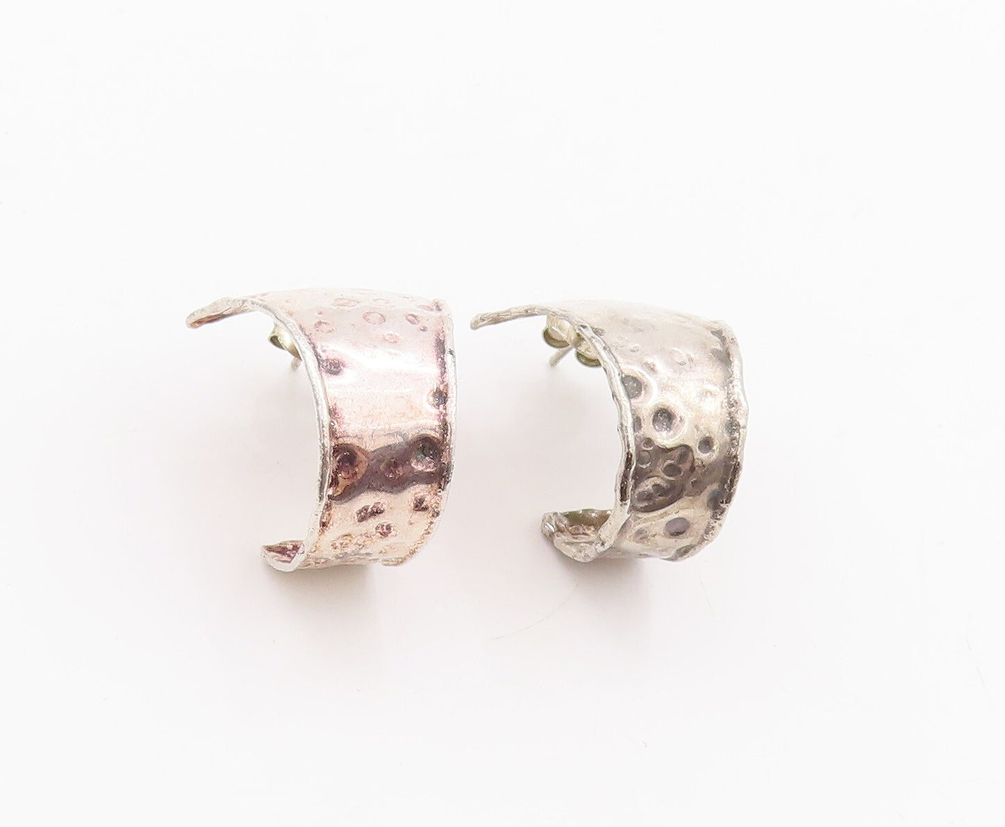 925 Sterling Silver Vintage Earrings Brutalist Dent Effect J Hoop  EG13137