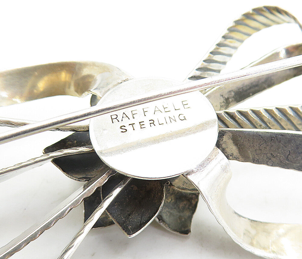 RAFFAELE 925 Silver  Vintage Sculpted Flower Ribbon Bow Brooch Pin  BP2112