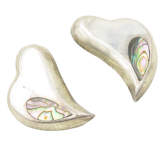 MEXICO 925 Sterling Silver Vintage Abalone Shell Love Heart Drop Earrings EG9354