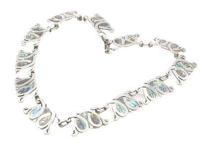 MEXICO 925 Sterling Silver  Vintage Inlaid Abalone Chain Necklace  NE2722