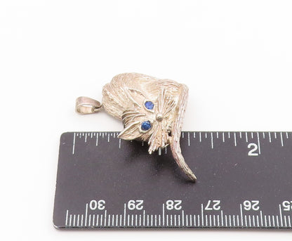 925 Sterling Silver Vintage Pendant Sapphire Eyed Sculpted Feline Charm  PT26598