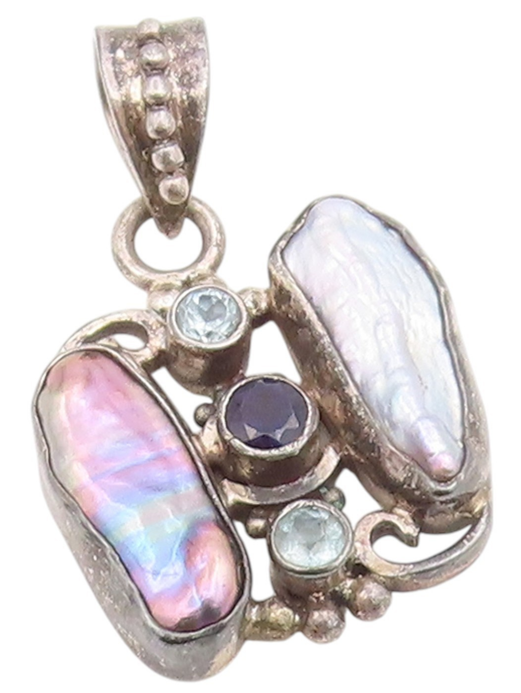 925 Sterling Silver Vintage Pendant Mother Of Pearl & Amethyst Charm  PT25913