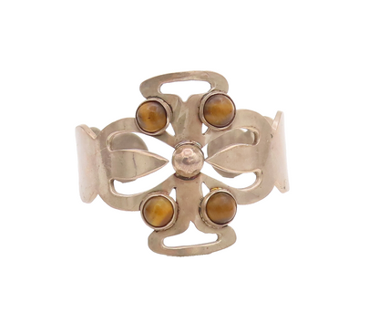 925 Sterling Silver Vintage Bracelet MEXICO Tiger's Eye Solid Floral Cut BT10184