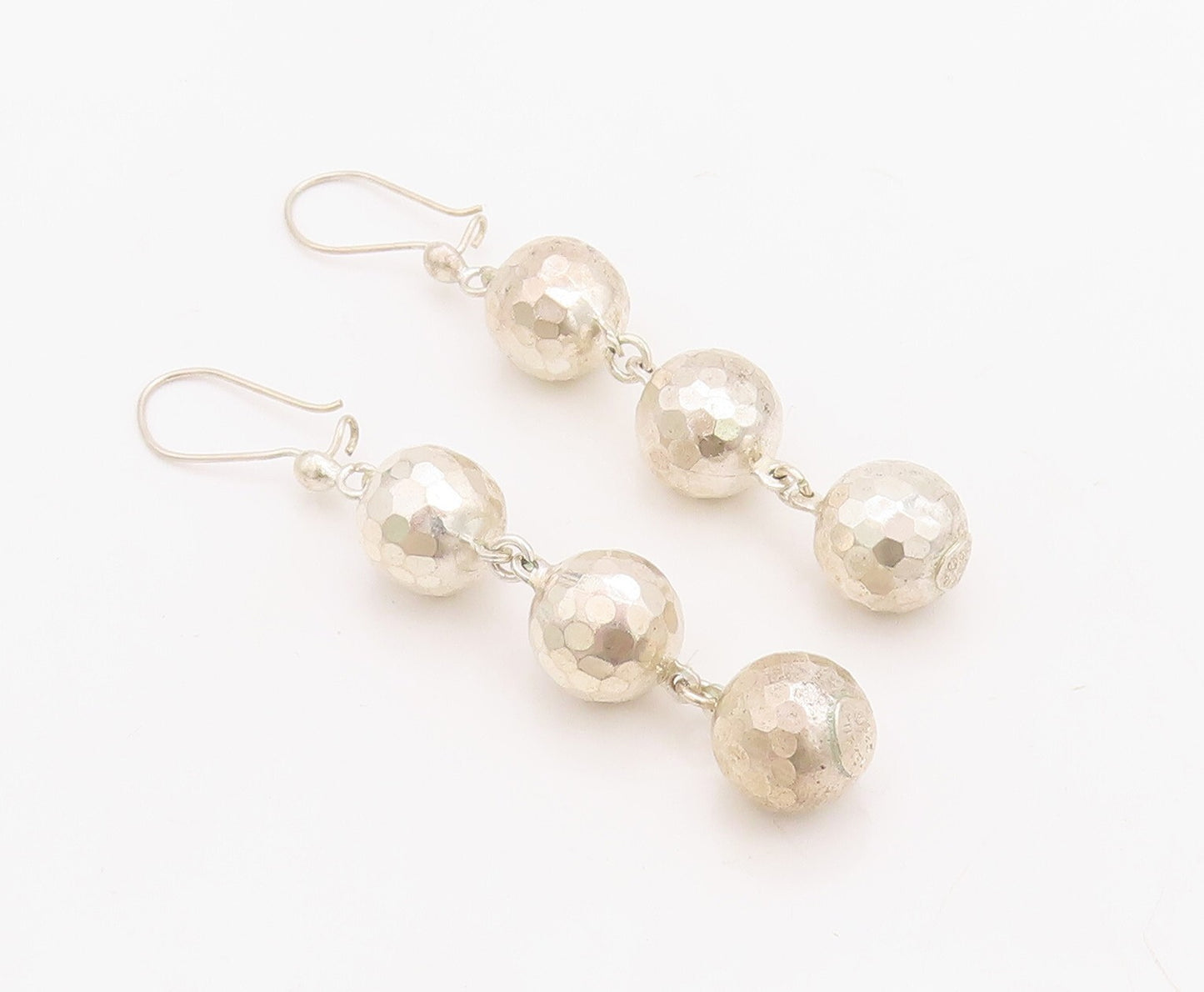 925 Sterling Silver Vintage Earrings Drop Solid Linked Disco Balls  EG13213