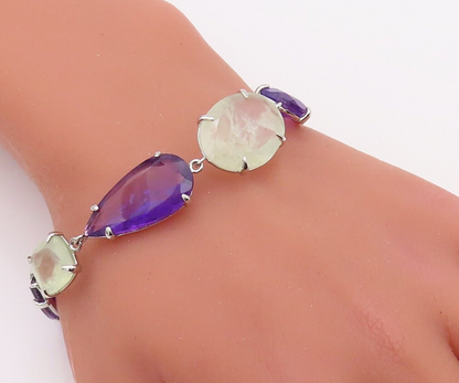 925 Sterling Silver Vintage Bracelet Drop Cut Amethyst & Green Gemstone  BT10870