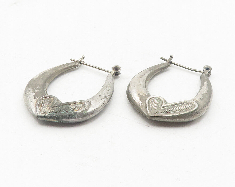 925 Sterling Silver  Vintage Dark Tone Hollow Love Heart Hoop Earrings  EG5960