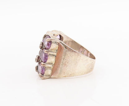 925 Sterling Silver Vintage Ring Floral Carved Oval Amethyst  Sz 8  RG29047