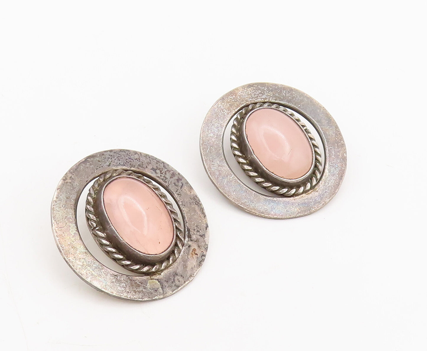 MEXICO 925 Silver  Vintage Rose Quartz Halo Twisted Rope Earrings  EG12733