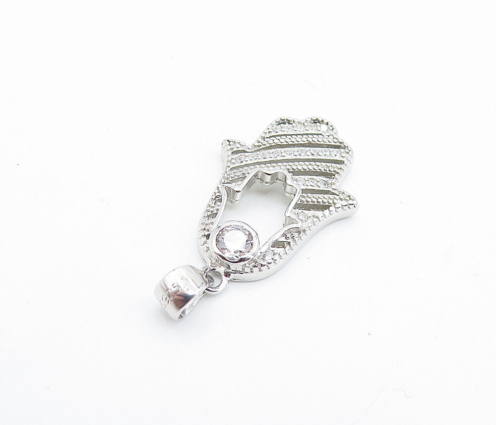925 Sterling Silver  Sparkling Topaz Polished Cutout Hamsa Pendant  PT5586