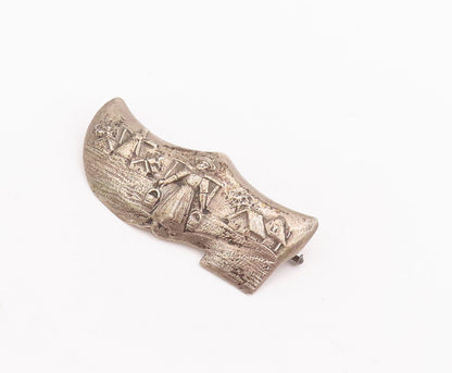 925 Sterling Silver Vintage Brooch Pin Solid Carved Village Landscape  BP10897