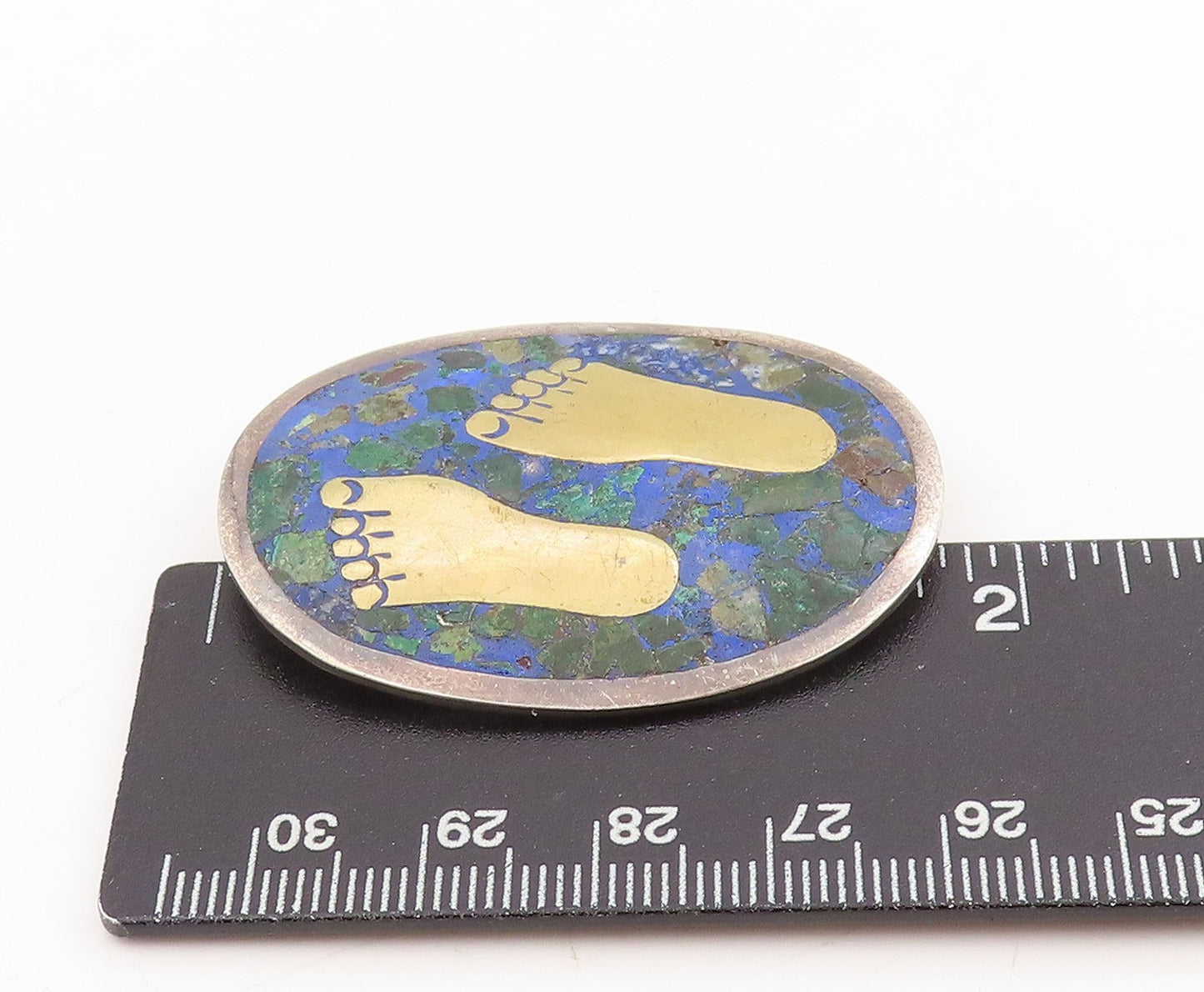 925 Sterling Silver Vintage Brooch MEXICO Malachite Inlay Foot Print  BP12014