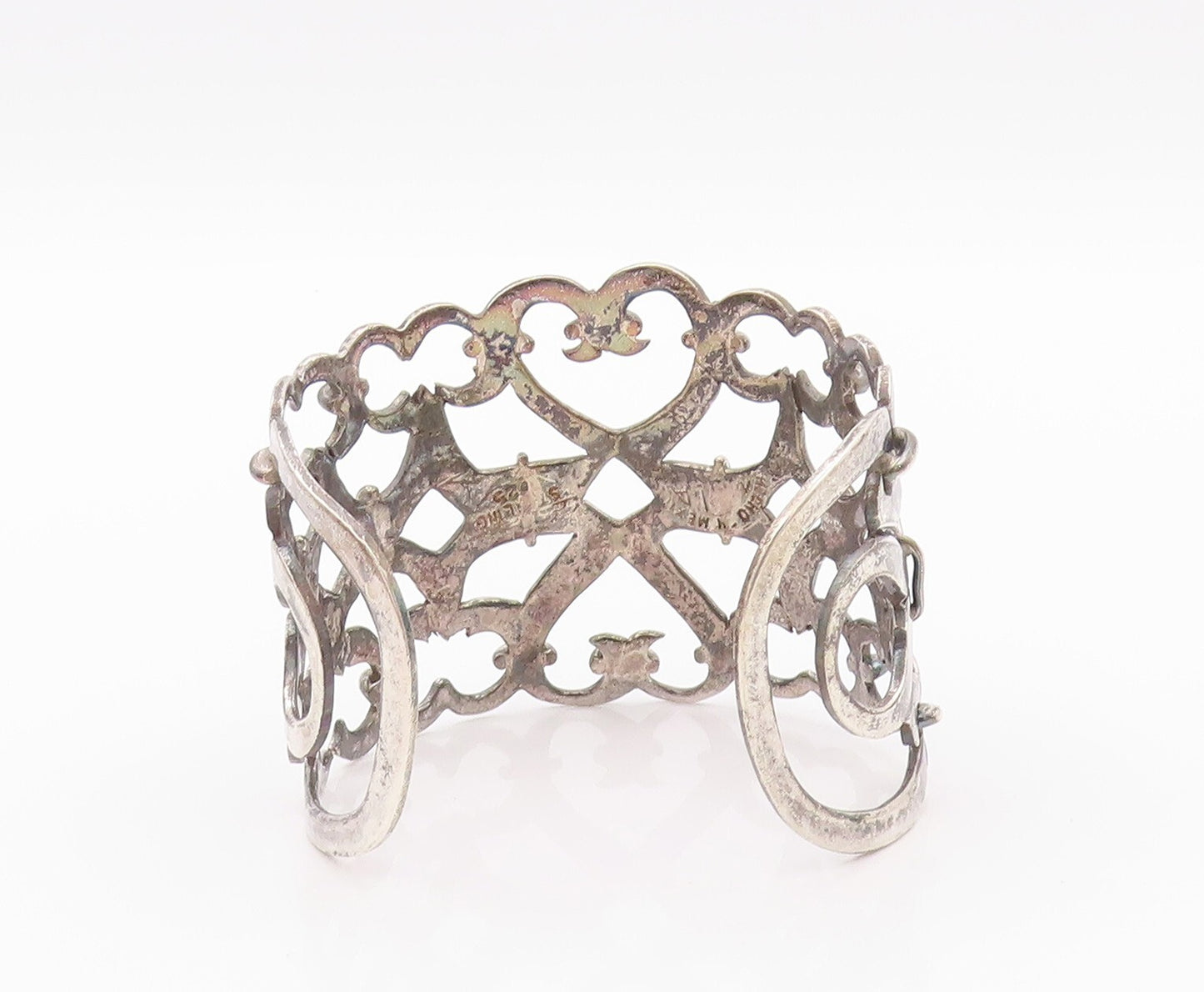 925 Sterling Silver Vintage Bracelet Dark Tone Cutout Heart Linked Cuff  BT11127