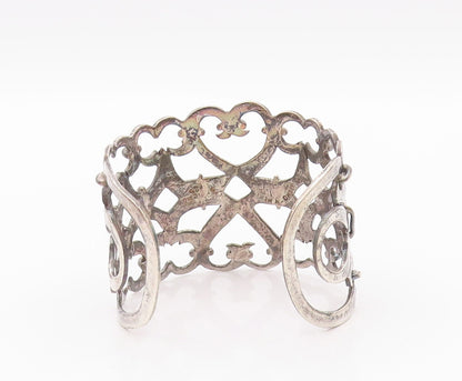 925 Sterling Silver Vintage Bracelet Dark Tone Cutout Heart Linked Cuff  BT11127