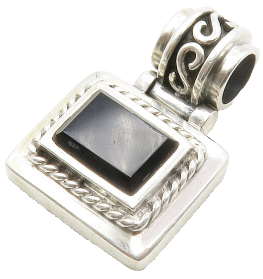 925 Sterling Silver  Vintage Black Onyx Square Swirl Bail Pendant  PT10418