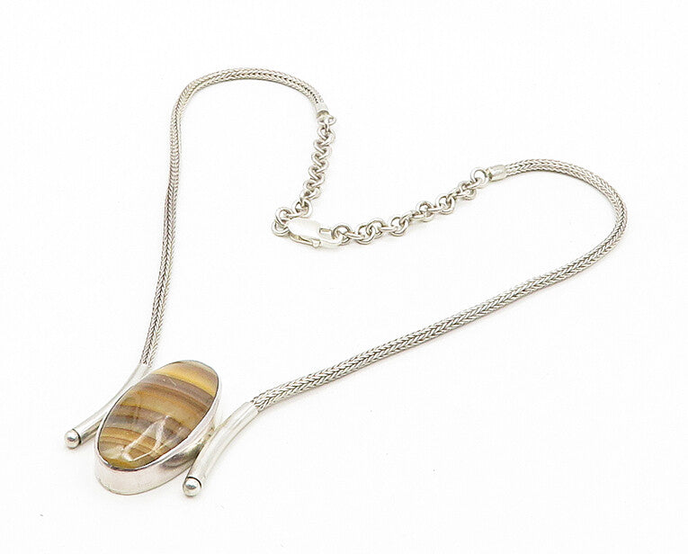925 Sterling Silver  Vintage Cabochon Agate Shiny Wheat Chain Necklace  NE2855
