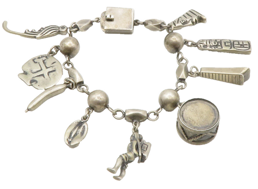 MEXICO 925 Sterling Silver Vintage Antique Assorted Charms Chain Bracelet BT5035