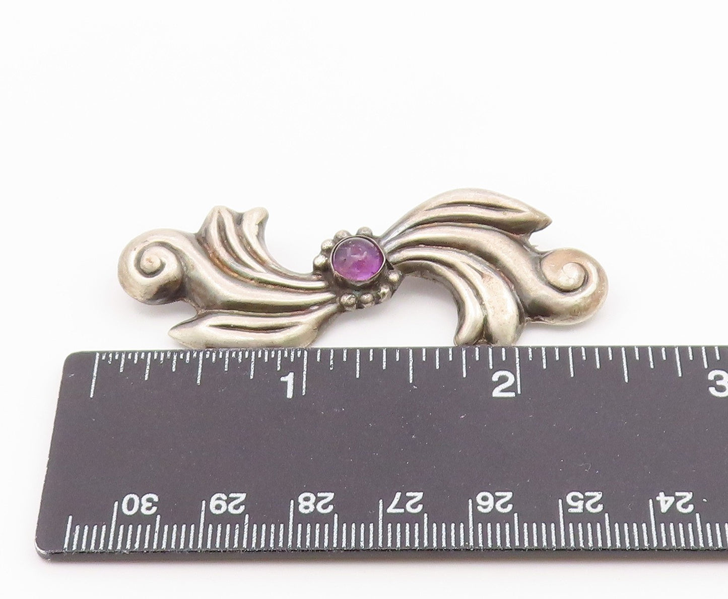 925 Sterling Silver  Vintage Cabochon Amethyst Swirl Bow Brooch Pin  BP8127