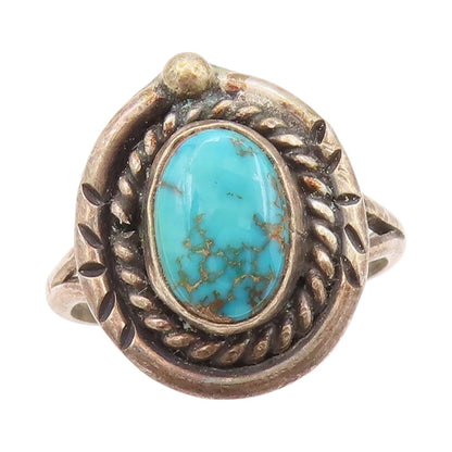 925 Sterling Silver Vintage Ring NAVAJO Oval Turquoise Halo Roped Sz 7.5 RG32416