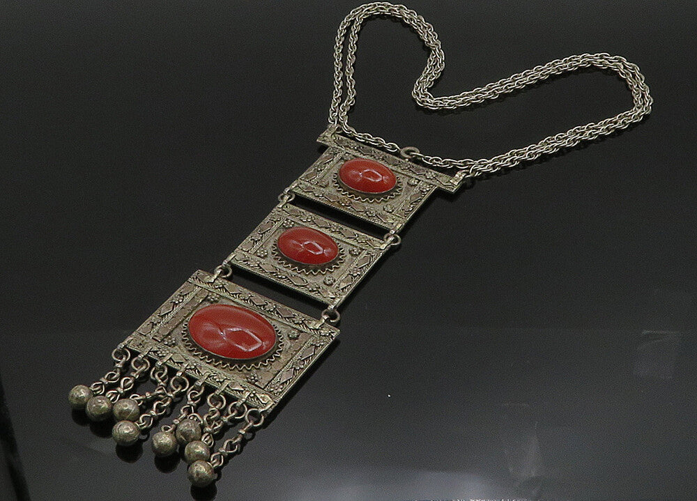 ISRAEL 925 Sterling Silver  Vintage Cabochon Carnelian Chain Necklace  NE3334