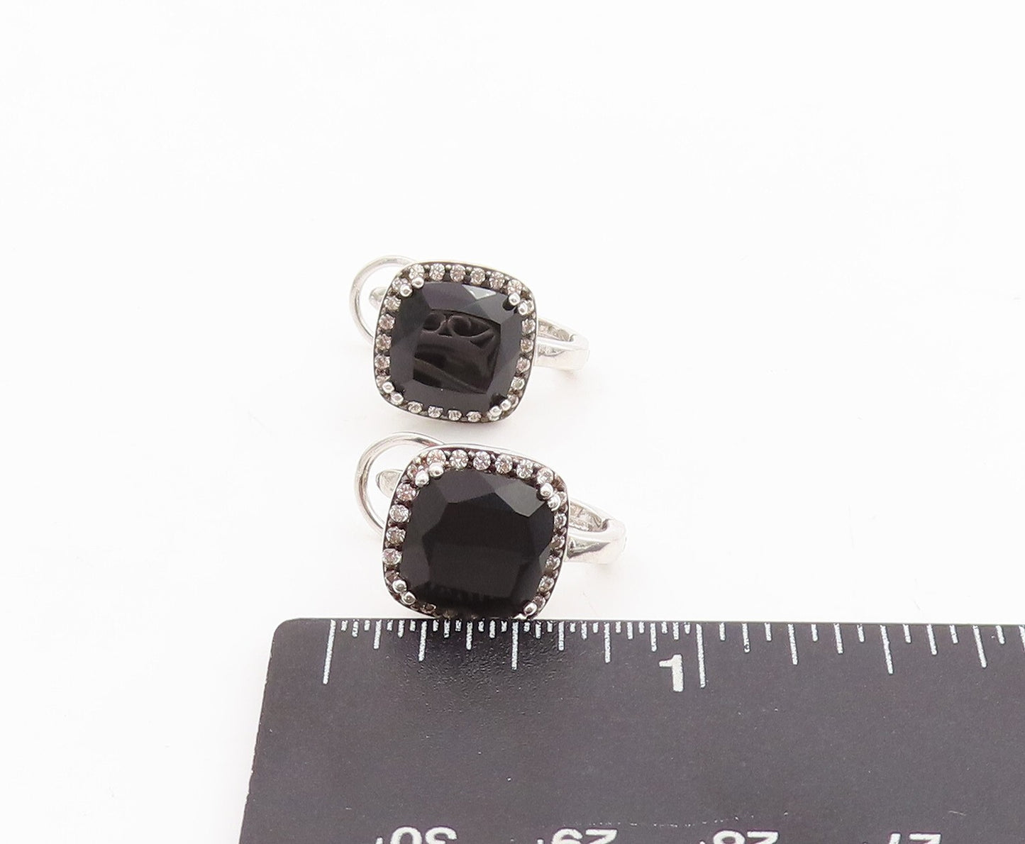 925 Sterling Silver Vintage Earrings Square Cut Onyx Halo CZ Farme  EG13107