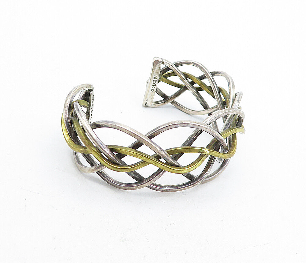 MEXICO 925 Sterling Silver  Vintage 2 Tone Weaved Design Cuff Bracelet  BT1955