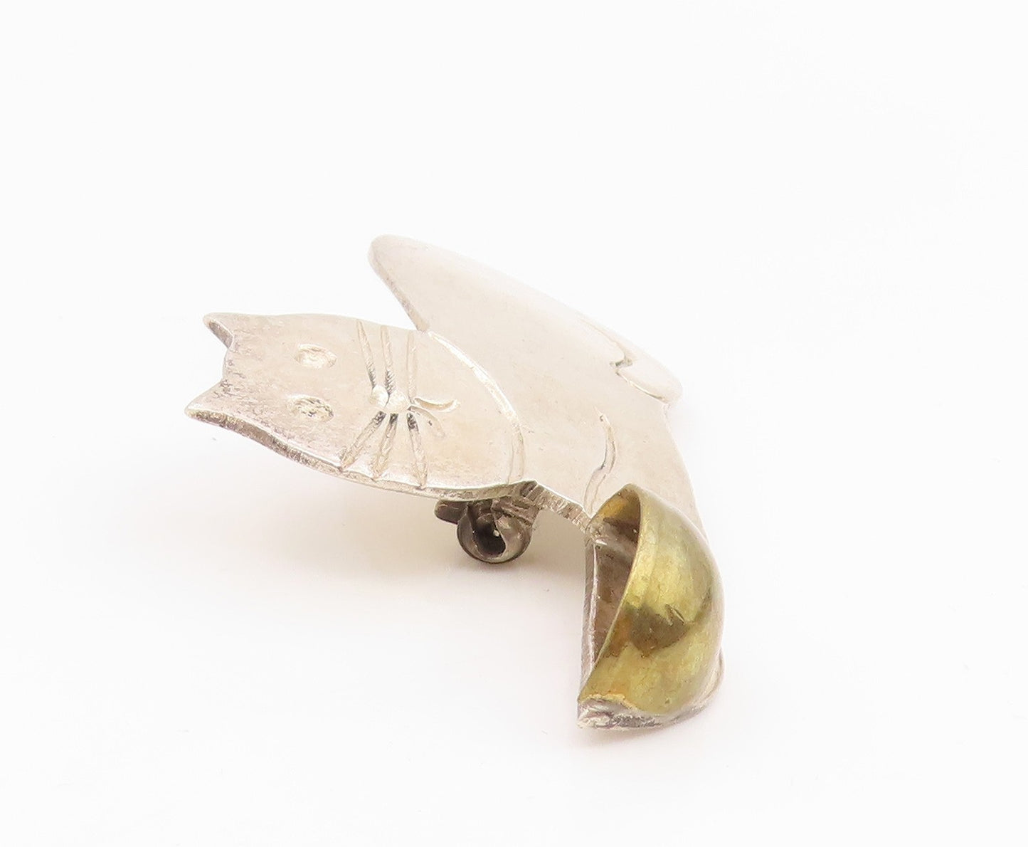MEXICO 925 Sterling Silver Vintage Two Tone Cat & Bowl Brooch Pin  BP5125