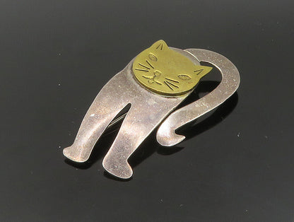 925 Sterling Silver  Vintage Two Tone Shiny Cat Motif Brooch Pin  BP9350