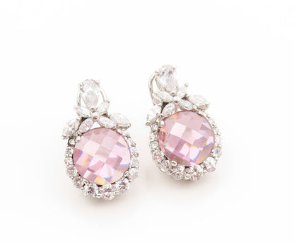 925 Sterling Silver Vintage Earrings Round Pink & White CZ Floral Design EG13396