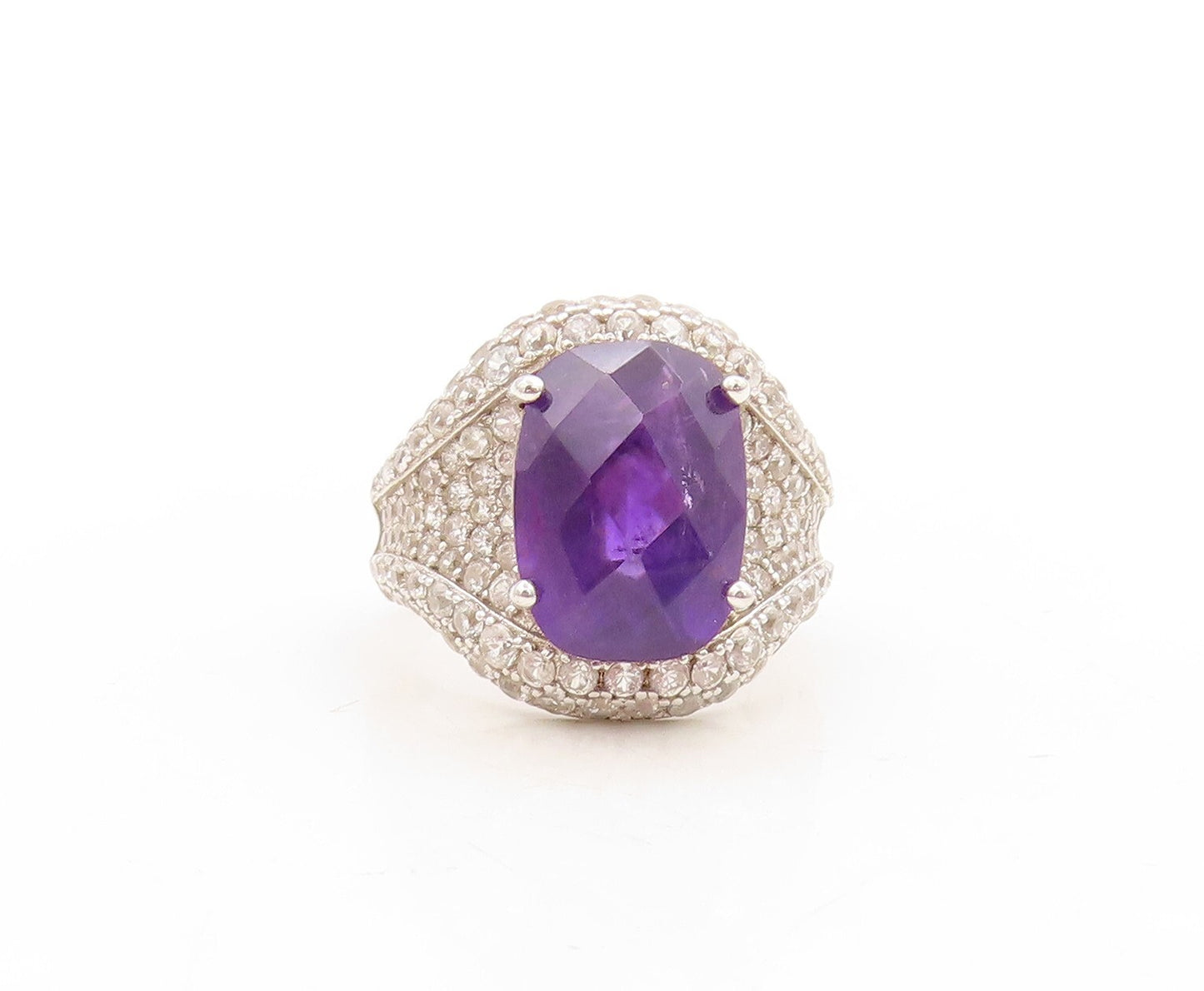 925 Sterling Silver Vintage Ring Designer Oval Amethyst & Topaz  Sz  7  RG31575