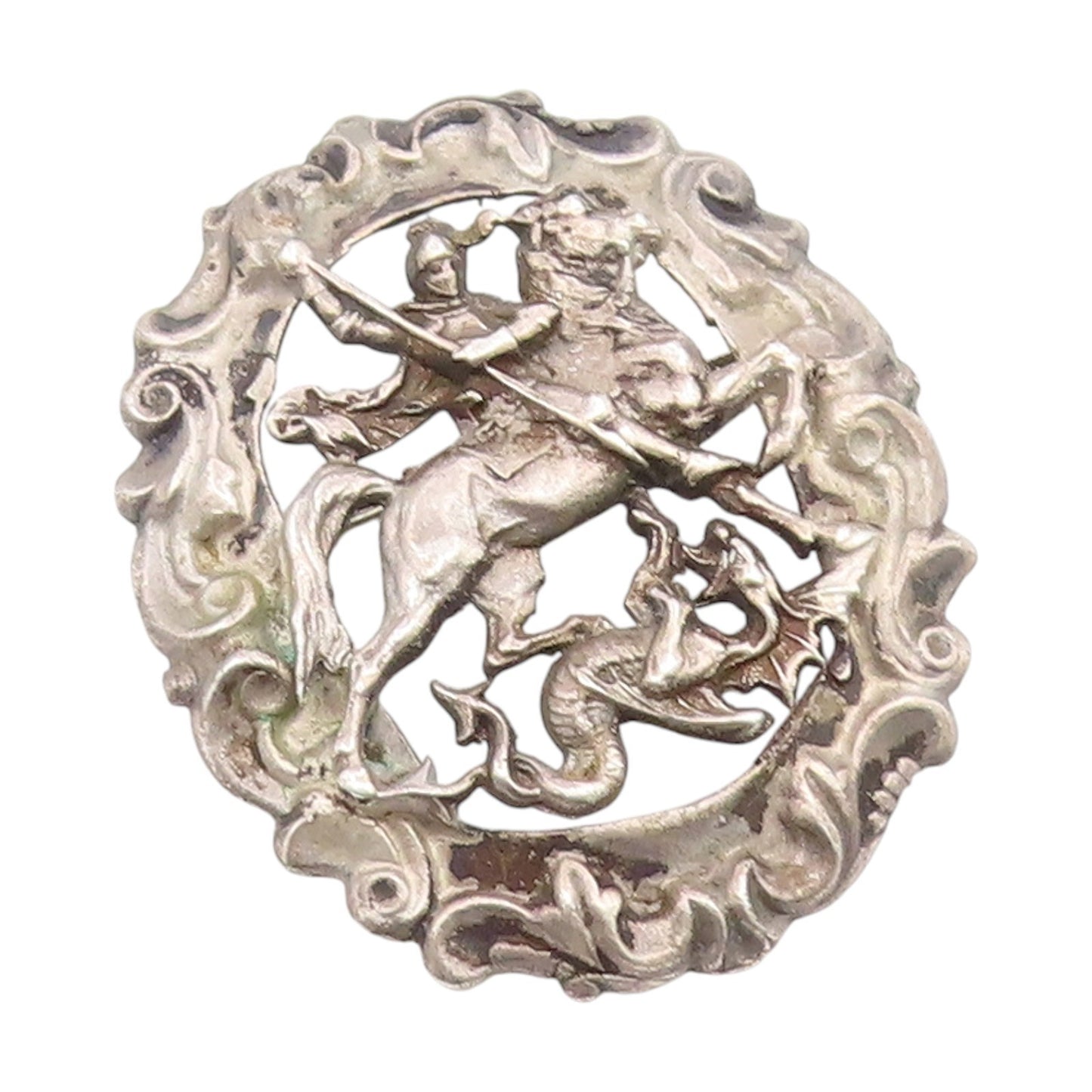 925 Sterling Silver Vintage Brooch Pin Saint George Slaying The Dragon  BP12389