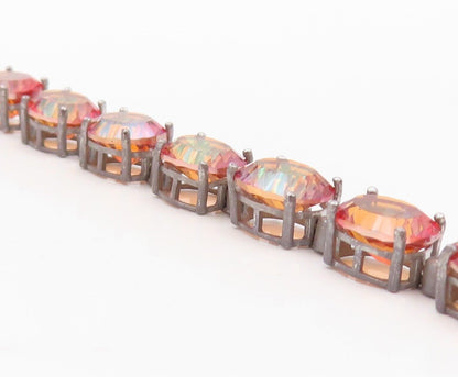 925 Sterling Silver Vintage Bracelet Orange Oval Cut Gemstone & CZ Links BT10751