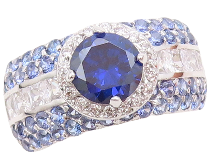 925 Sterling Silver Vintage Ring Designer Sapphire & CZ Inlay  Sz 8.5  RG30973