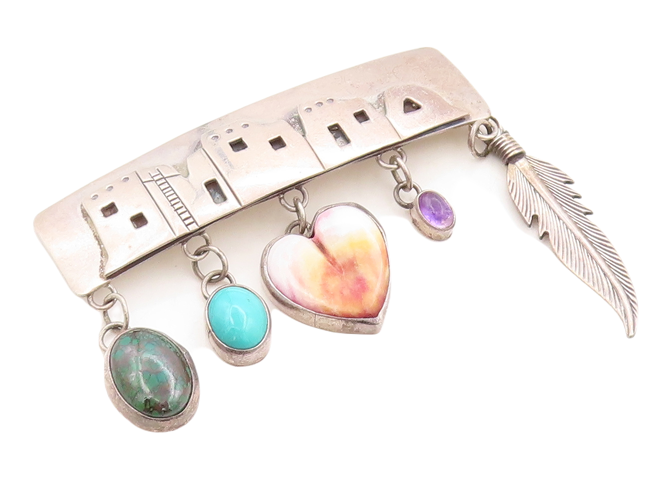 925 Sterling Silver Vintage Brooch Pin NAKAI NAVAJO Gemstone Charm BP11304