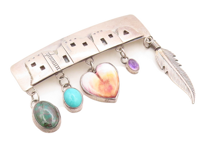 925 Sterling Silver Vintage Brooch Pin NAKAI NAVAJO Gemstone Charm BP11304