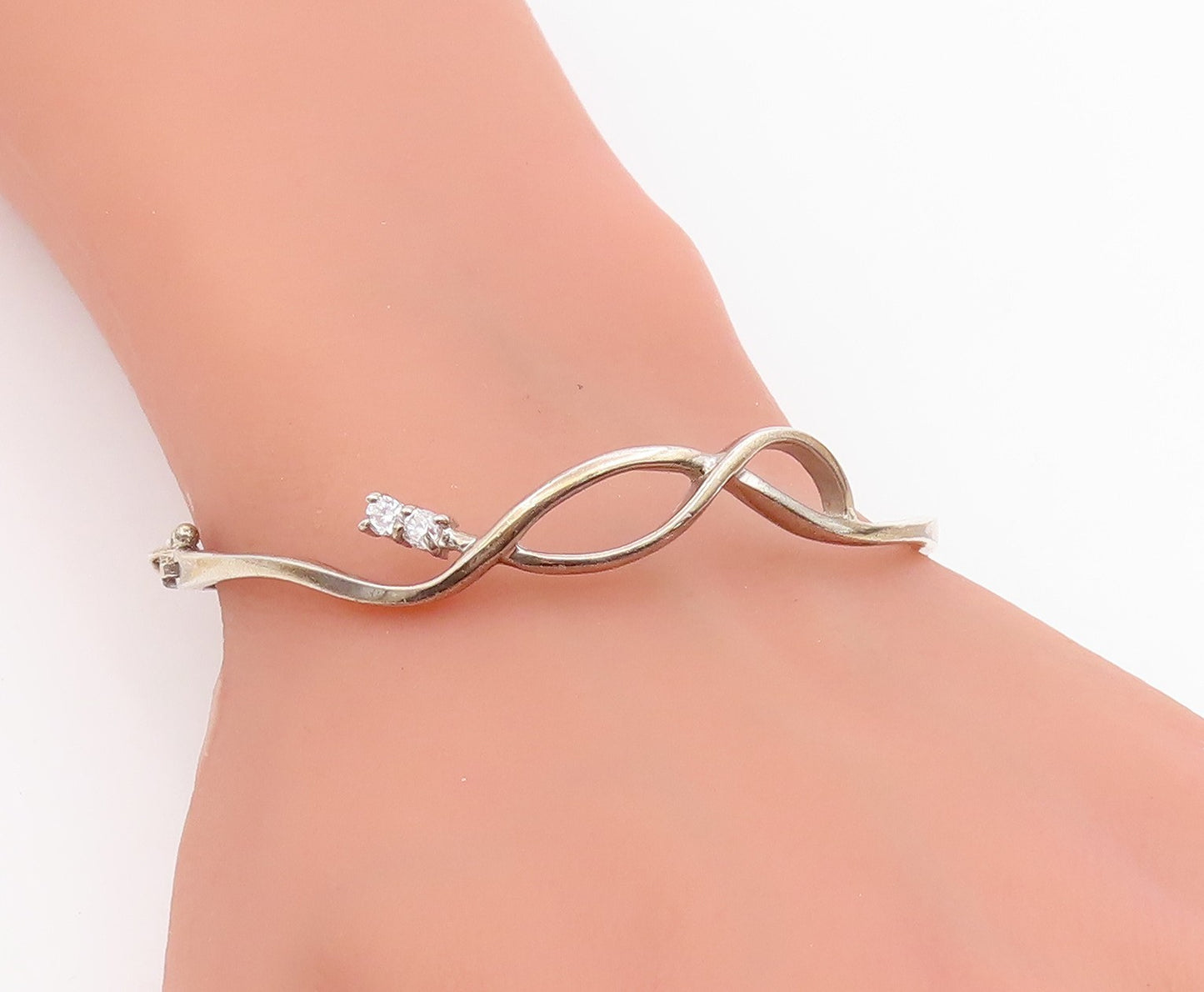 925 Sterling Silver Vintage Bracelet CZ Minimalist Infinity Wavy Bangle  BT11875