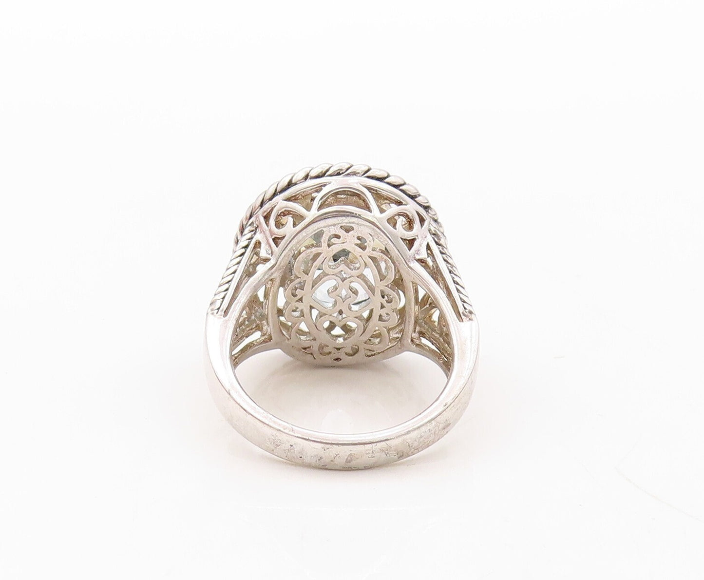 925 Sterling Silver Vintage Ring Swirly Floral Cutout Blue Topaz  Sz 7  RG30927