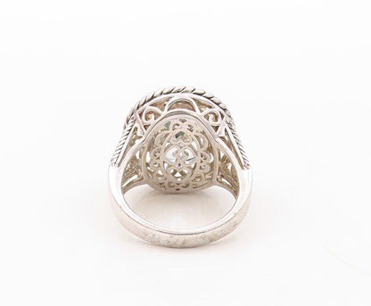 925 Sterling Silver Vintage Ring Swirly Floral Cutout Blue Topaz  Sz 7  RG30927