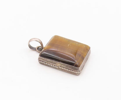 925 Sterling Silver  Vintage Cabochon Cut Tiger's Eye Square Pendant  PT12176