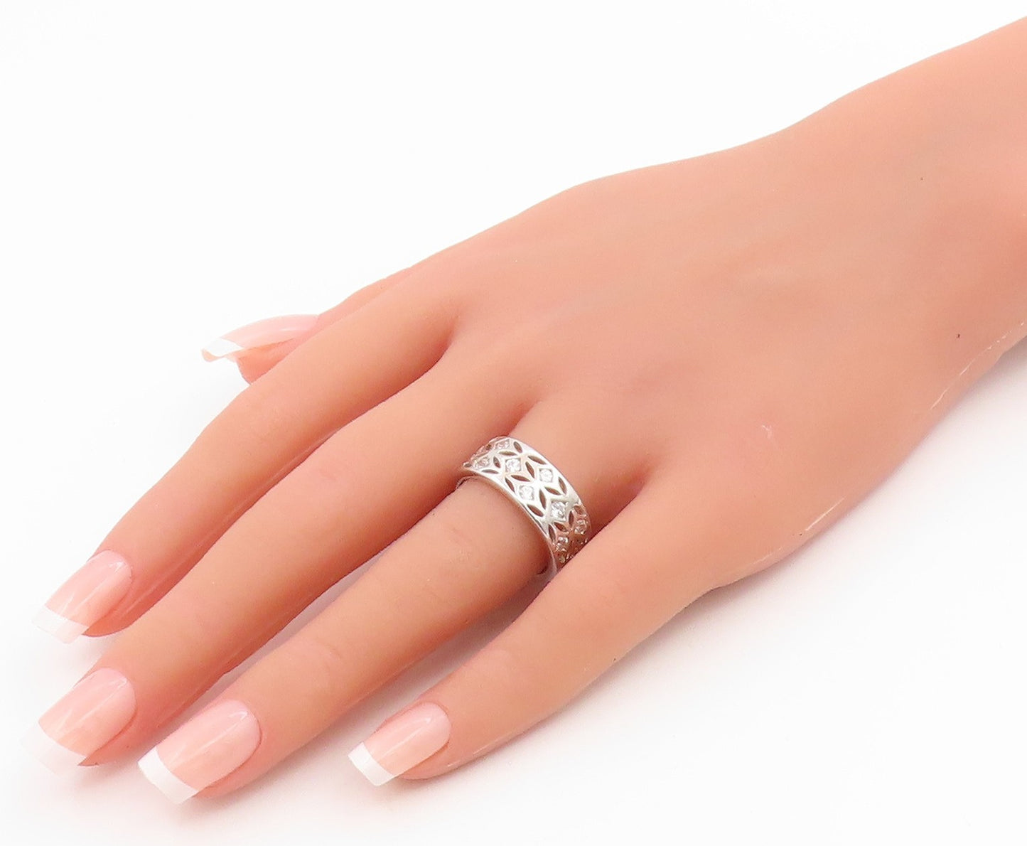 925 Sterling Silver Vintage Ring CZ Openwork Lattice Wide Band  Sz 8  RG35946