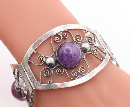 925 Sterling Silver  Vintage Cabochon Cut Amethyst Swirl Chain Bracelet BT2367