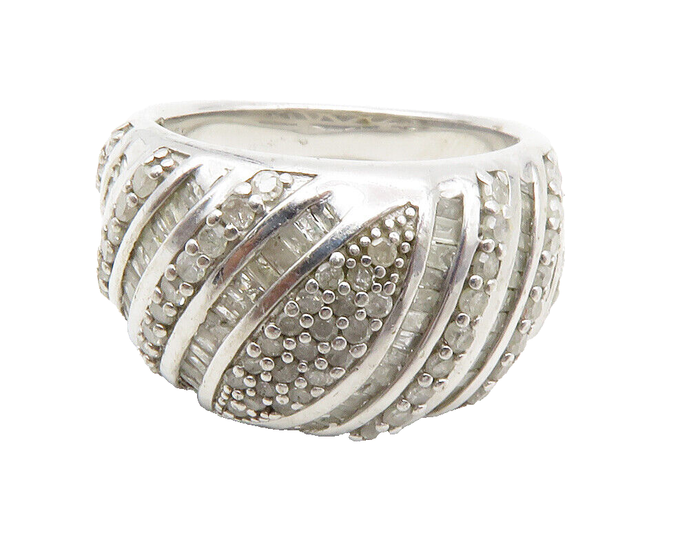 925 Sterling Silver  Genuine Diamonds Shiny Slanted Band Ring Sz 6  RG12505
