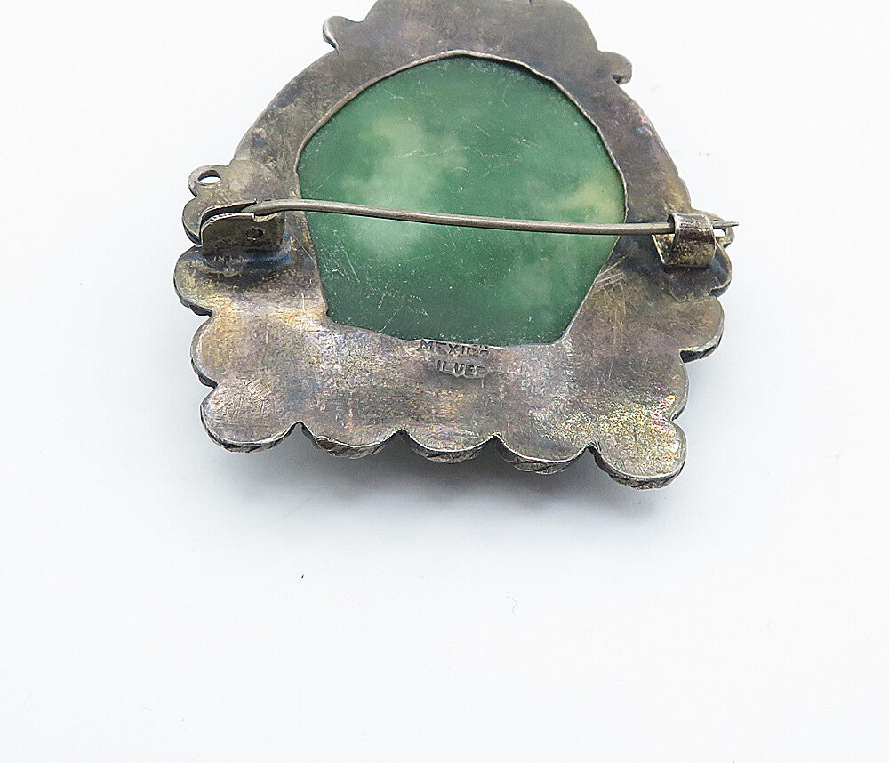 MEXICO 925 Silver  Vintage Antique Face Carved Gemstone Brooch Pin  BP2881